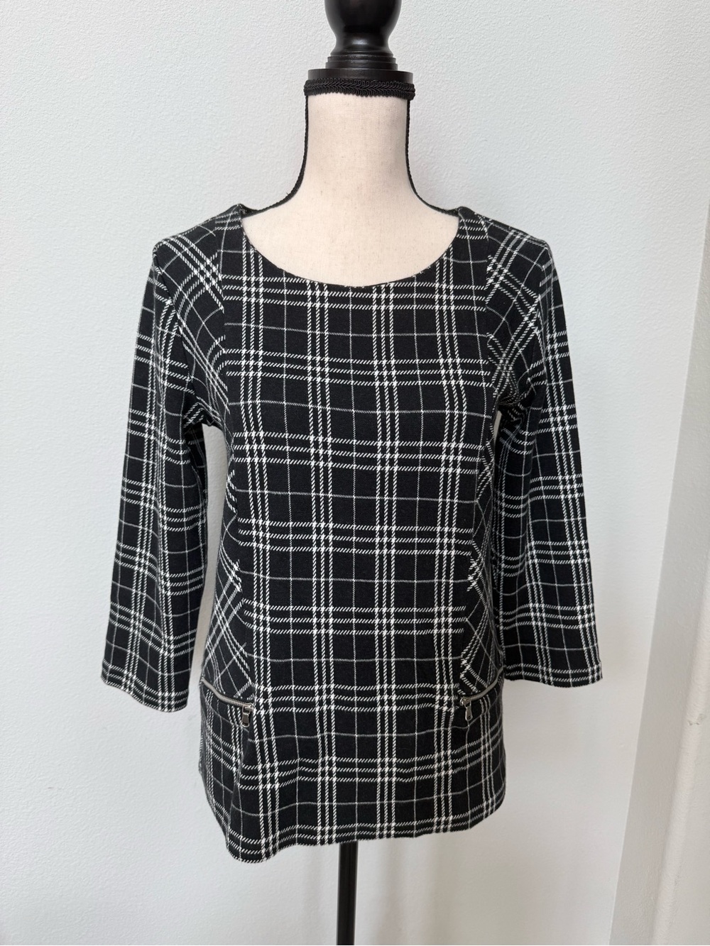 Talbots Black and White Plaid Top
